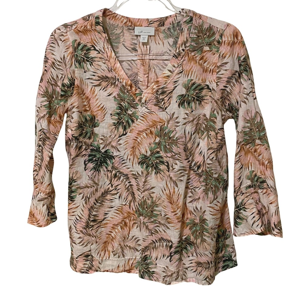 J Jill Love Linen Tropical Palm Print V-Neck Blouse Cruise Wear Resort XS Petite